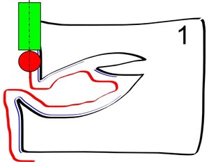 обходим контур &quot;из бесконечности&quot; (из абрисового прямоугольника-заготовки в вашем смысле) торцевой пальчиковой цилиндрической фрезой D. Получаем красную траекторию. Синим цветом обозначено ЧИСТОВОЕ КАСАНИЕ желаемого контура детали. (5954 просмотра) <a class='original' href='./download/file.php?id=238&mode=view' target=_blank>Загрузить оригинал (49.42 КБ)</a>
