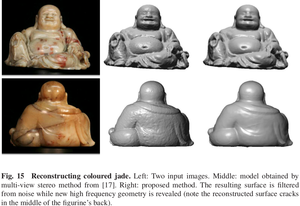 Reconstructing coloured jade.<br />Left: Two input images. Middle: model obtained by multi-view stereo method from [17]. Right: proposed method. The resulting surface is filtered from noise while new high frequency geometry is revealed (note the reconstructed surface cracks in the middle of the figurine’s back) (8600 просмотров) <a class='original' href='./download/file.php?id=42857&mode=view' target=_blank>Загрузить оригинал (344.26 КБ)</a>
