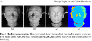 Shadow segmentation.<br /> This experiment shows the result of our shadow region segmentation. From left to right, the three input images (a), (b), (c) and the mask with the resulting shadow labels(d) (8600 просмотров) <a class='original' href='./download/file.php?id=42858&mode=view' target=_blank>Загрузить оригинал (228.7 КБ)</a>