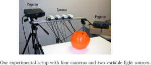 Our experimental setup with four cameras and two variable light sources. (8600 просмотров) <a class='original' href='./download/file.php?id=42871&mode=view' target=_blank>Загрузить оригинал (322.27 КБ)</a>