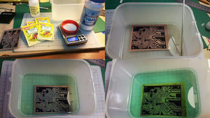 1 - Перекись водорода 3% 100мл, лимонная кислота - 30гр, соль - 5гр. Воду не нужно! Налить в ёмкость и перемешать. Подогрев тоже не нужен.<br />2 - Опускаем плату и ждем начала реакции<br />3 - реакция пошла, прошло 5 минут<br />4 - плата практически протравлена, прошло 10 минут от начала травления.<br />После окончания травления раствор слить в канализацию. (2951 просмотр) <a class='original' href='./download/file.php?id=76082&mode=view' target=_blank>Загрузить оригинал (973.94 КБ)</a>